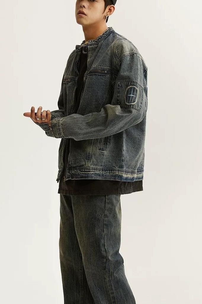 Herrenbekleidung Retro Washed Distressed Jeansjacke Coole lockere lässige Reißverschlussjacke Tops_voghion.com