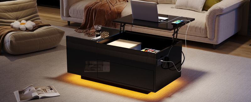 Table basse réglable en hauteur 95 x 48 x 42 cm avec rangement dissimulé, éclairage LED, tiroir et prise de courant - Table d'appoint de salon noire_voghion.com
