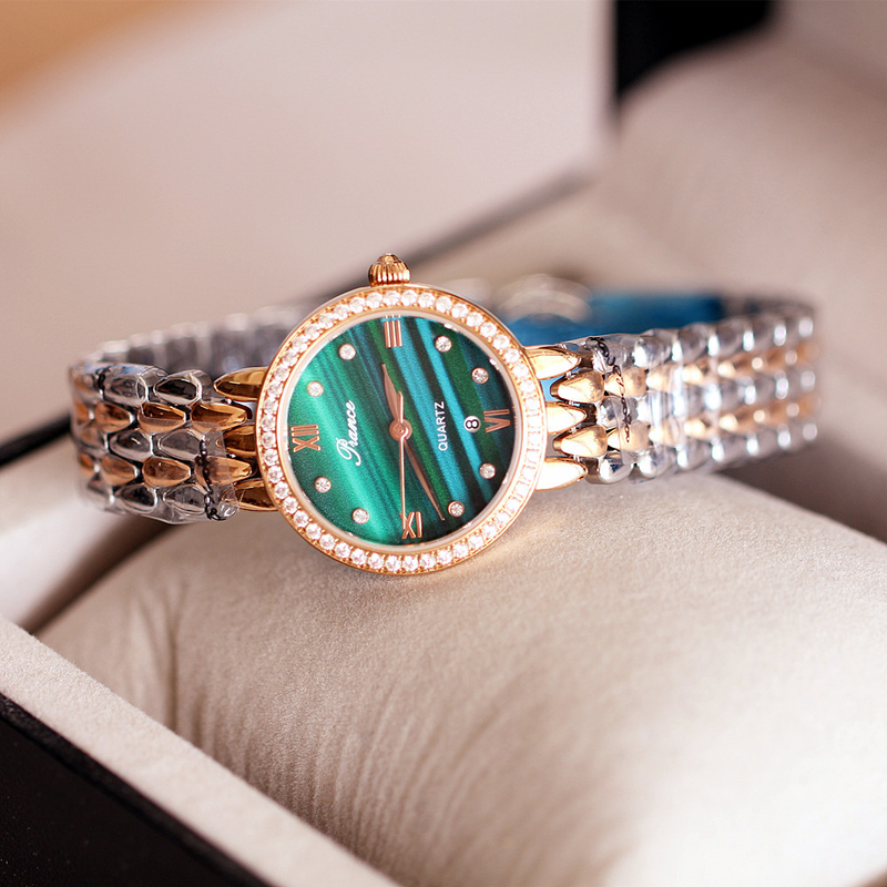 Madingas, madingas, su deimantiniais inkrustacijos kalendoriumi, kompaktiška ir paprasta vandeniui atspari apyranke, kvarcinis potvynių ir atoslūgių laikrodis_voghion.com