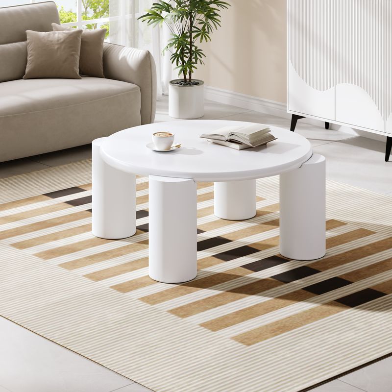 Table basse moderne White Cloud avec 4 pieds stables, petite table d'appoint ronde blanche pour salon, chambre, balcon, terrasse, design à bords arrondis_voghion.com