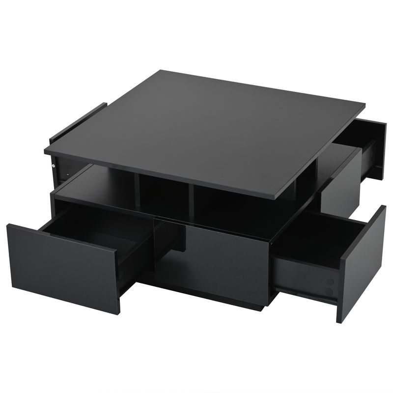 Table basse de salon noire brillante 70 x 70 x 40 cm avec éclairage LED, table d'appoint à 4 tiroirs, design géométrique, capacité de charge de 30 kg._voghion.com