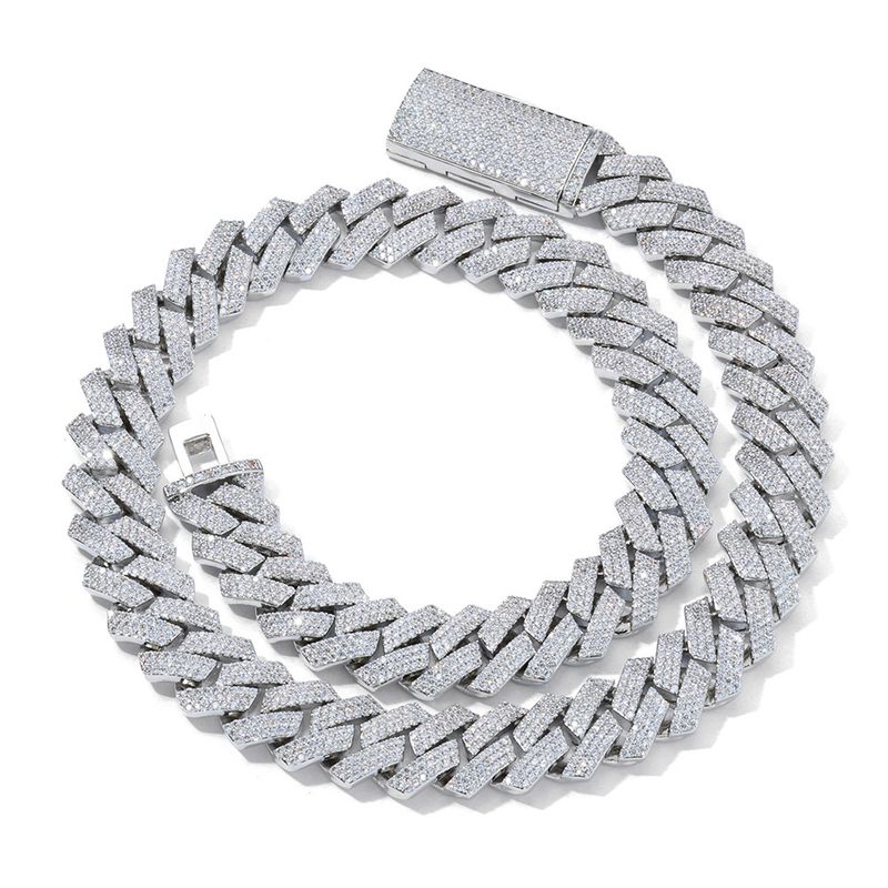 Men's & Women's Jewelry Hip Hop Cuban Link Chain Necklace With 3-Row CZ Stones, 16mm Wide, Matching Bracelet Set In Gold & Silver Men's Bracelet_voghion.com
