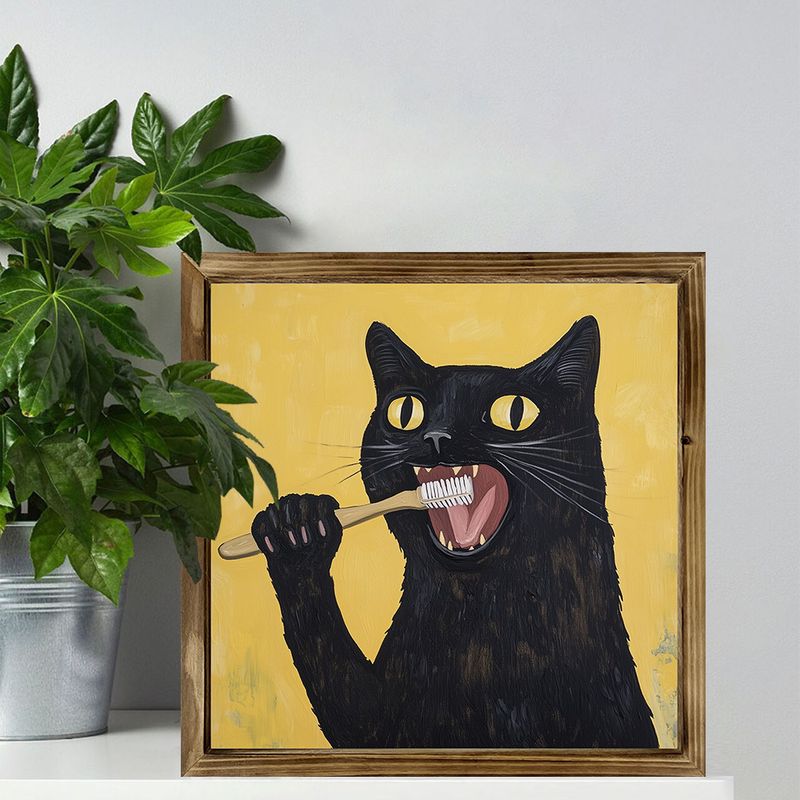 Encantador cuadro de gato negro de 20 x 20 cm con marco de madera, estilo rústico de granja. Gato negro cepillándose los dientes. Idea única de regalo navideño para el hogar, la cafetería y el baño._voghion.com