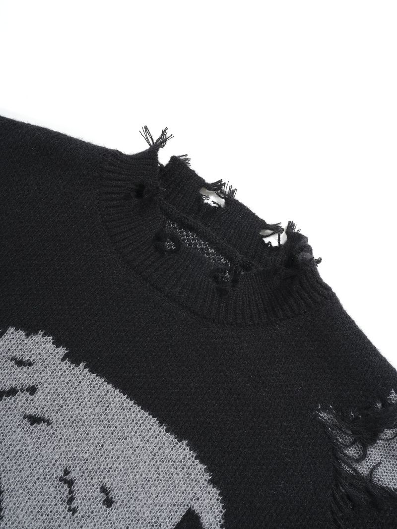 Pull en tricot effet vieilli pour homme – Épaules tombantes surdimensionnées, ourlet à franges et tissage texturé d'inspiration grunge (noir/gris/beige)_voghion.com