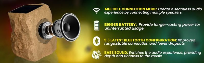 5 Core Rock Speaker Outdoor Waterproof Bluetooth Garden Speakers Solar & USB Charging RGB Colors For Patio Pool & Home_voghion.com