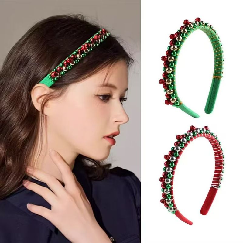 Lillian New Red Green Christmas Headband For Women, Thin Edge Velvet With Bells And Beads, Simple Festive Hair Accessory_voghion.com