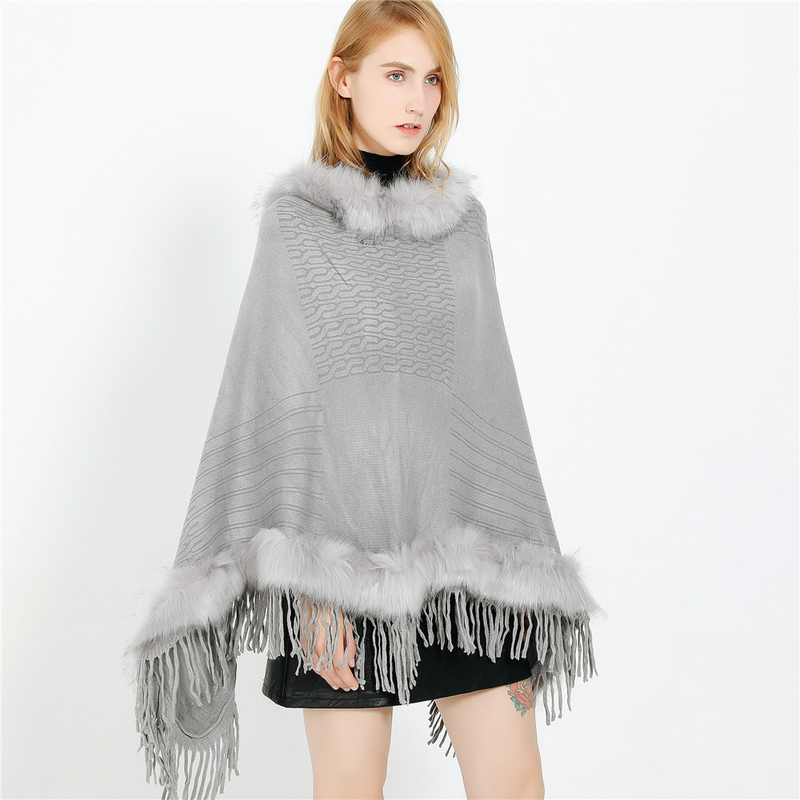 Pulover în stil la modă de toamnă și iarnă, culoare solidă, guler de blană, tiv mare, eșarfă șal din cașmir cu ciucuri_voghion.com