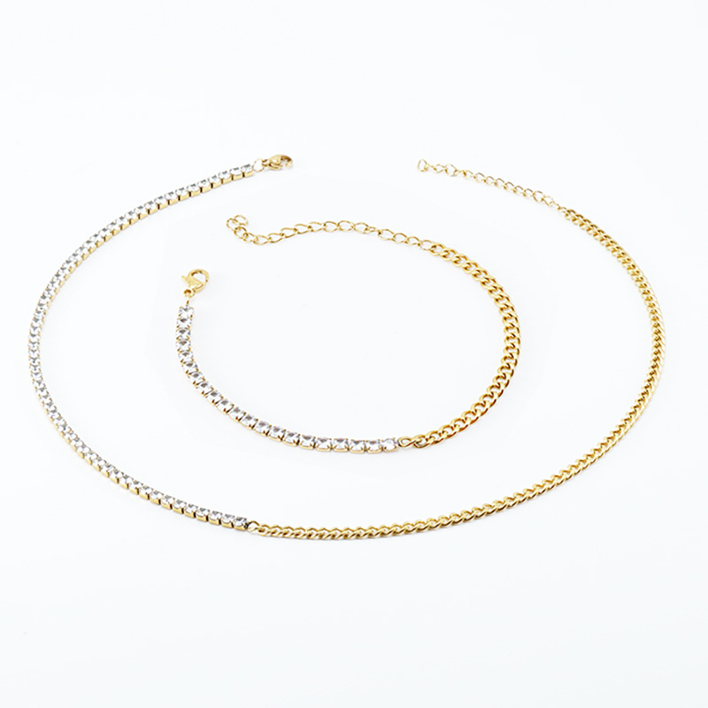 Pulseira de aço inoxidável com diamantes incrustados em cubano para mulheres, versátil, fashion, colar com corrente acabada_voghion.com