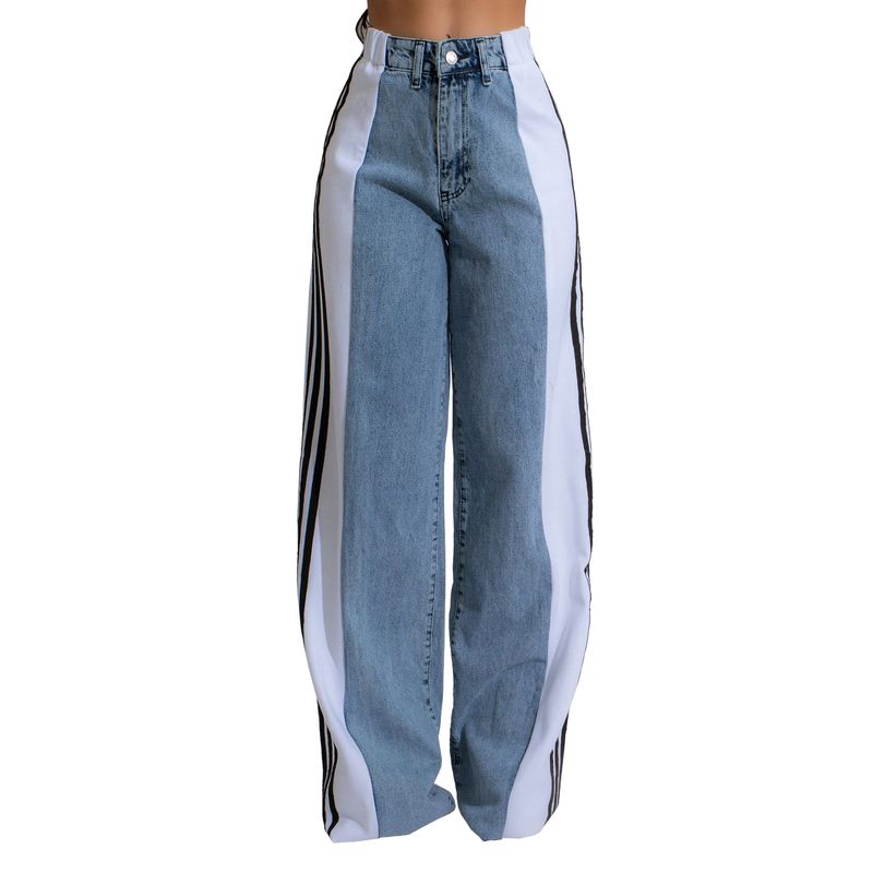 Ropa de mujer Pantalones vaqueros de pierna ancha con tres rayas y empalme de moda de verano Pantalones rectos elásticos de cintura alta informales nuevos para mujer_voghion.com