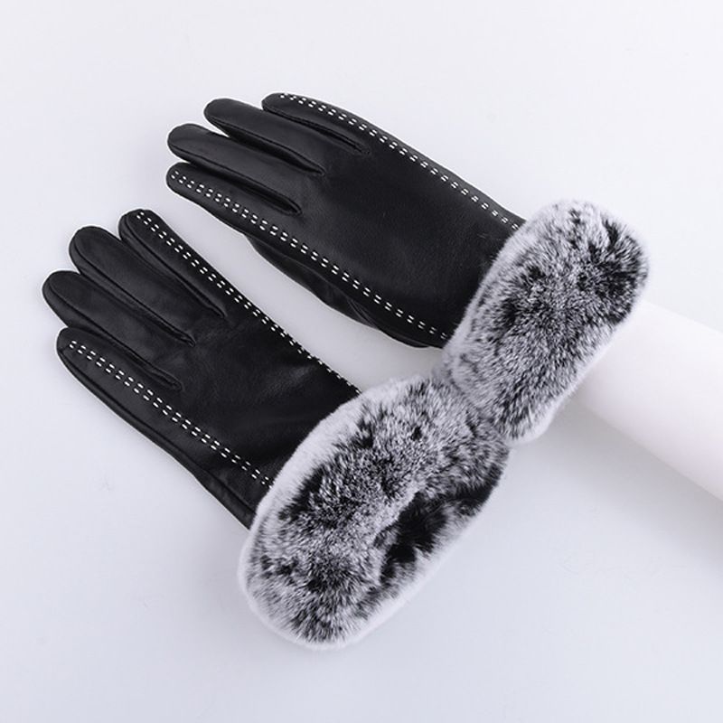Scarpe invernali da donna in pelle con fodera in pile, dita separate, touchscreen, rifiniture in pelliccia di coniglio, doppie cuciture, fatte a mano_voghion.com