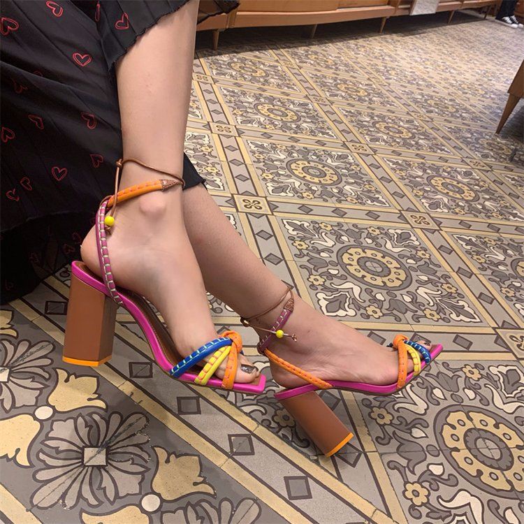 Large Roman Style Women's High With Open And Hollowed Out Colored Sandals, Square Toe Thick Heels_voghion.com