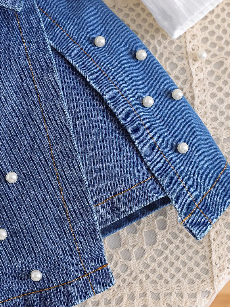 Completo composto da top in maglia con collo alto e gonna in denim con perline per bambine – Completo invernale comodo per bambine (4-7 anni, bianco)_voghion.com