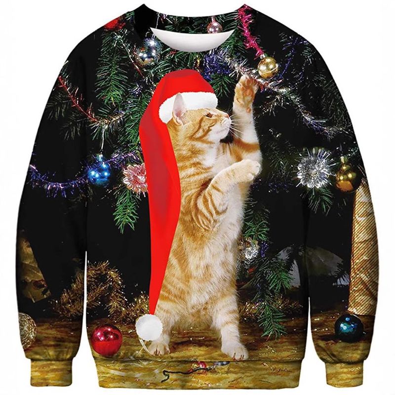 Felpa da uomo a maniche lunghe con stampa digitale a colori 3D, motivo: animale di Halloween, gatto, miagolio, stella_voghion.com