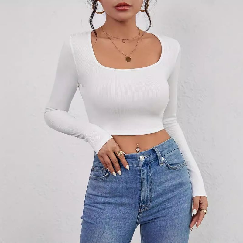 Tank Slim Fit krátký sexy top s odhaleným pupkem, všestranný outfit pro dívky, super dlouhý rukáv základní košile jako svrchní oblečení_voghion.com