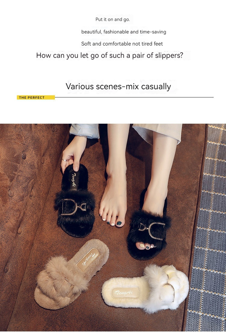 True Rabbit Hair For Female Outwear 2024 Spring And Autumn New Internet Celebrity Fairy Home Flat Bottom Cotton Slippers_voghion.com