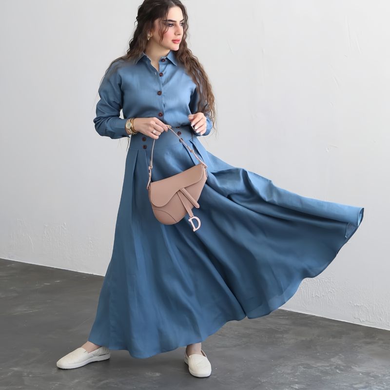 Completo due pezzi da donna in lino, con camicia a maniche lunghe e gonna ampia, tinta unita_voghion.com