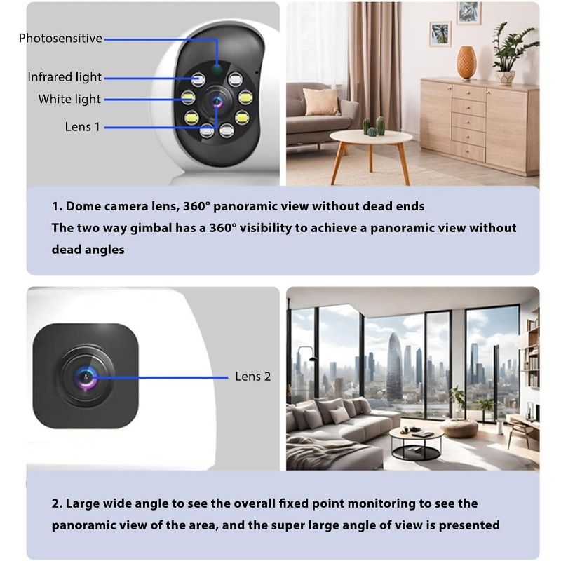 1 sett Dioche sikkerhetskamera 1080P babymonitor med dobbel linse og toveis lyd, fjernovervåking om natten for bredt bruksområde_voghion.com
