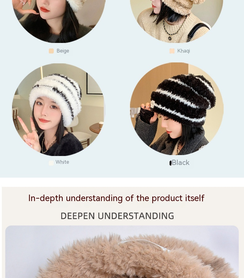 8312 Berretto di protezione per le orecchie caldo in lana lavorata a maglia in peluche a righe invernali da donna. Cappello impilato versatile e alla moda_voghion.com