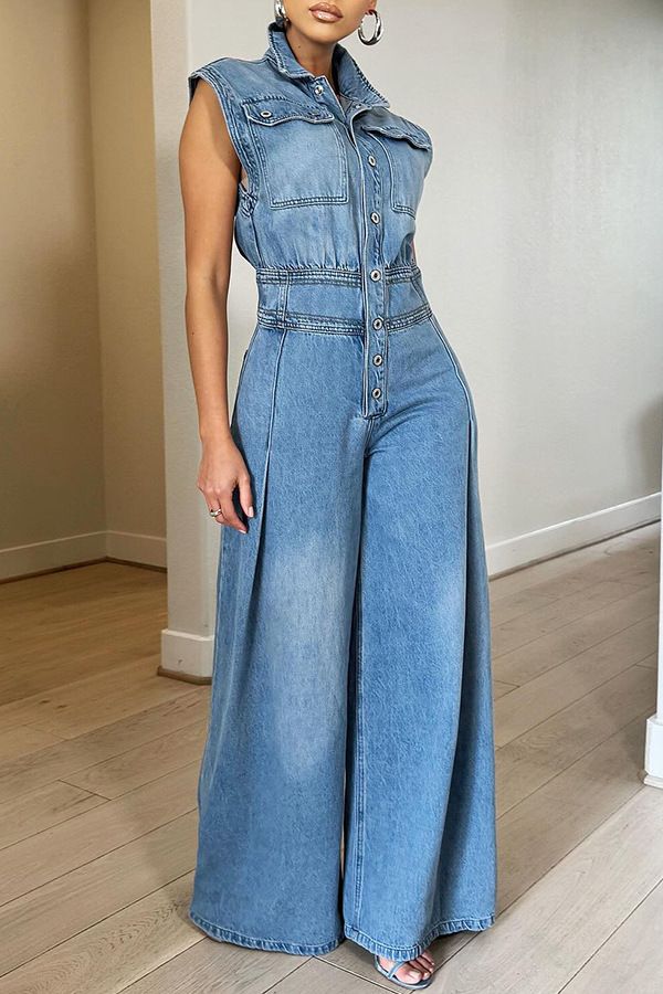 Damenbekleidung Denim-Jumpsuit mit weitem Bein und ärmellosem Design – Bequemer Strampler aus gewaschener Baumwolle für lässige Streetwear (Blau, S/M/L/XL/2XL)_voghion.com