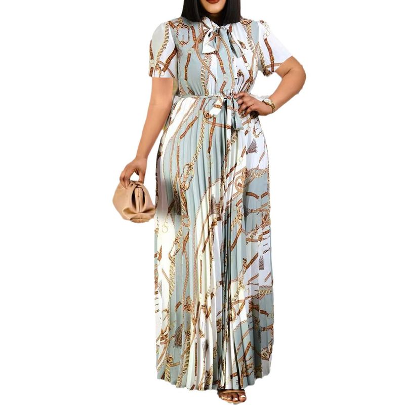 Women's short-sleeved printed pleated straps long skirt plus size _voghion.com