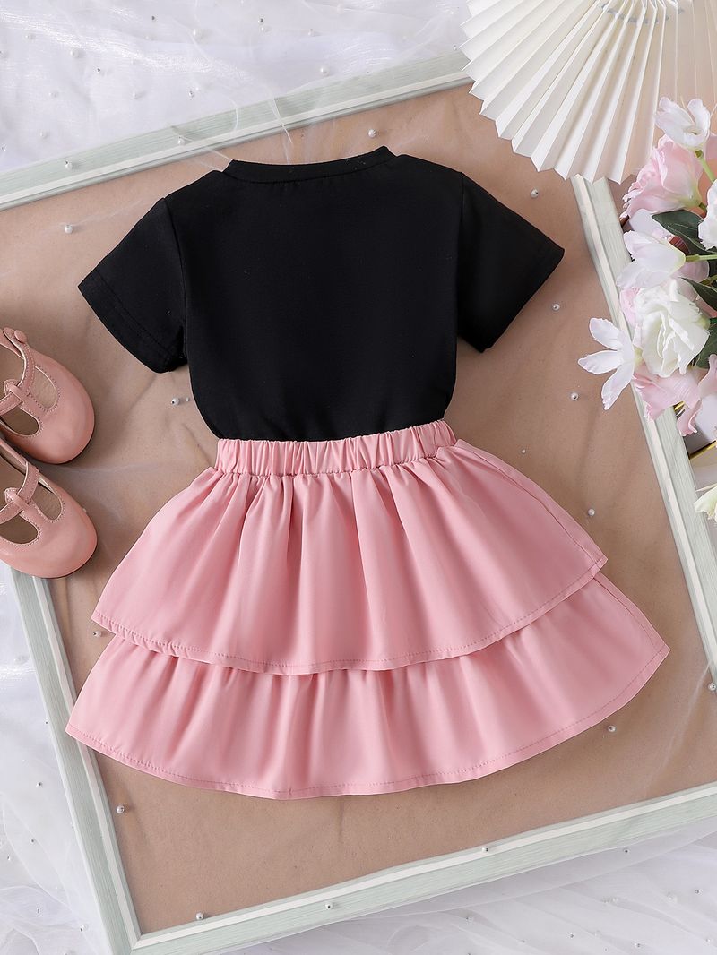Kid's Clothing Summer Girl Suit Bow Print Short Sleeve Pink Puffy Skirt New Two Piece Suit_voghion.com