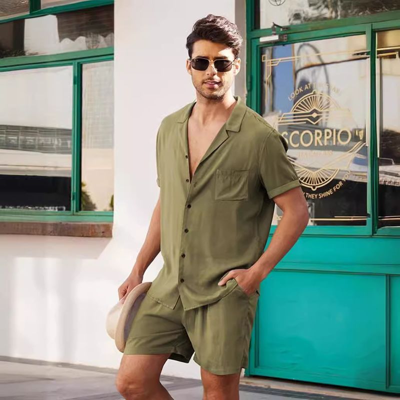2025 Summer Sports Short Sleeve Shorts Linen Loose Casual Men's Shirt Set_voghion.com