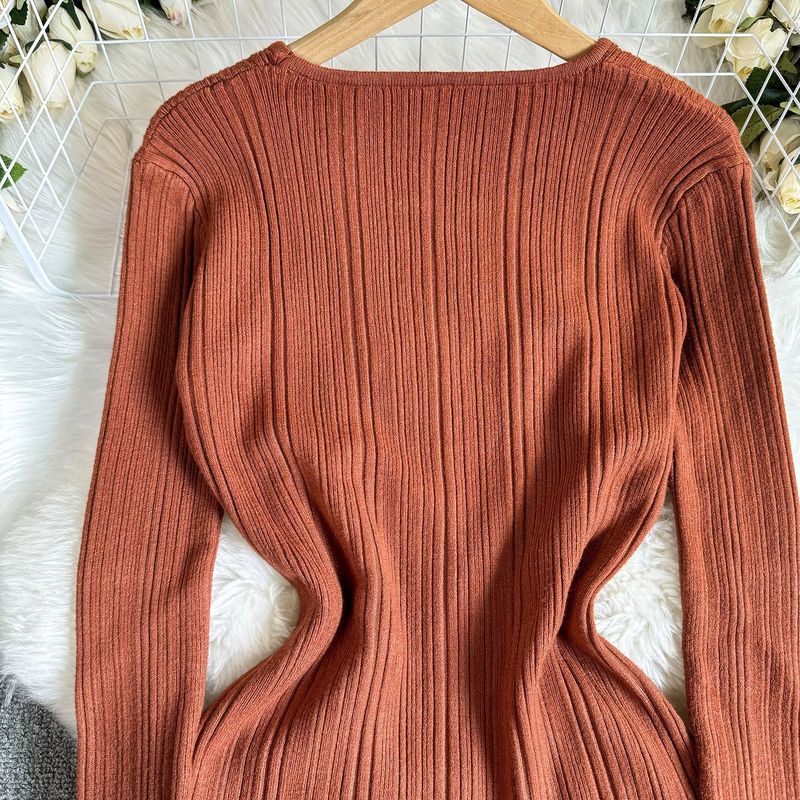 Women's Clothing simple sexy ribbed slim hip wrapped knitted dress autumn solid color bottoming skirt one step skirt for women_voghion.com