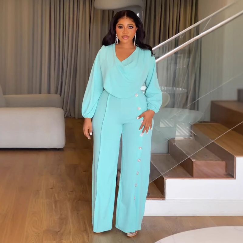Women's Clothing Lantern Sleeve Waist Button Decoration Wide Leg Jumpsuit_voghion.com