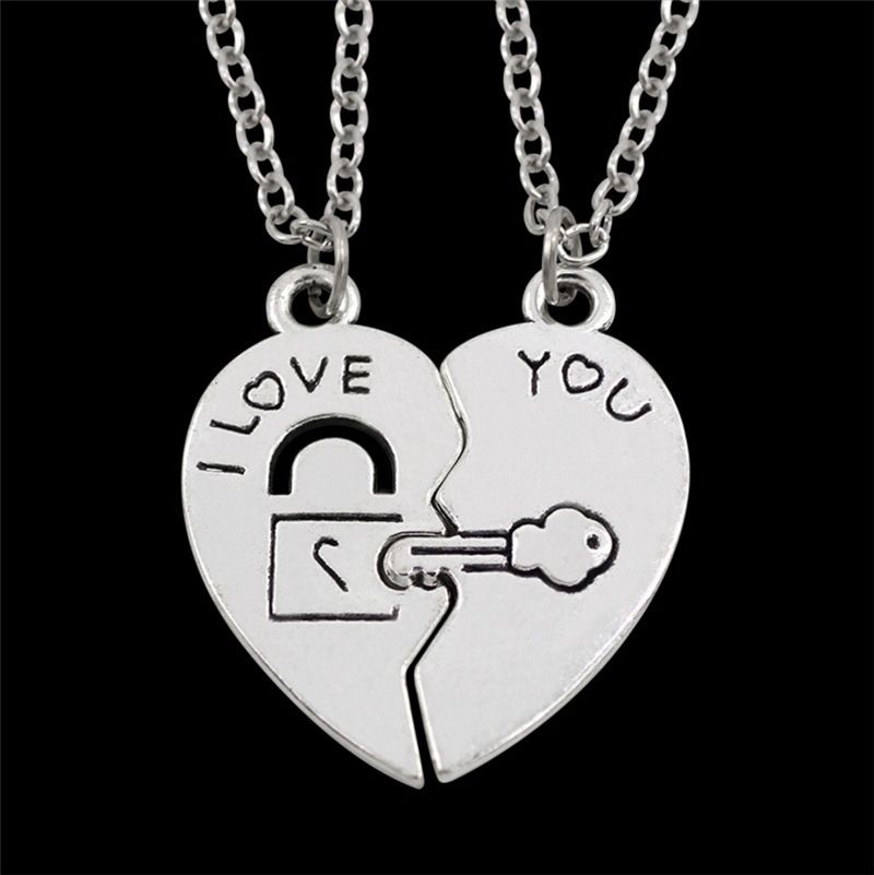 Unisex Lock head key heart splicing couple-style pair chain heart pendant necklace_voghion.com