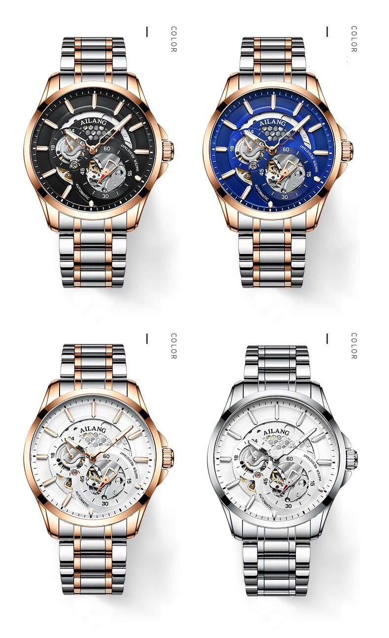AILANG Luxury Mens es unikāls lietots melns tērauda siksna vīriešu automātiskā mehāniskā plaukstas locītava_voghion.com