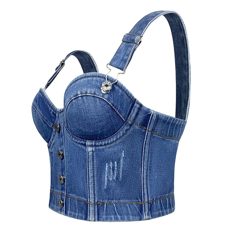Women's Clothing Versatile Strap Button Slim Denim Tube Top Camisole New Style_voghion.com