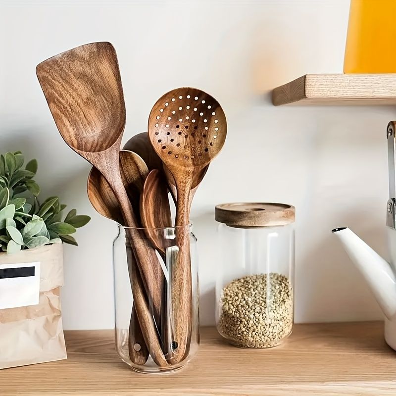 Premium 5pcs Wooden Kitchen Utensils Set Ergonomic Handle Natural Wood Spoon Spatula Non-Stick Pan Scraper Heat-Resistant Durable Cooking Essentials_voghion.com