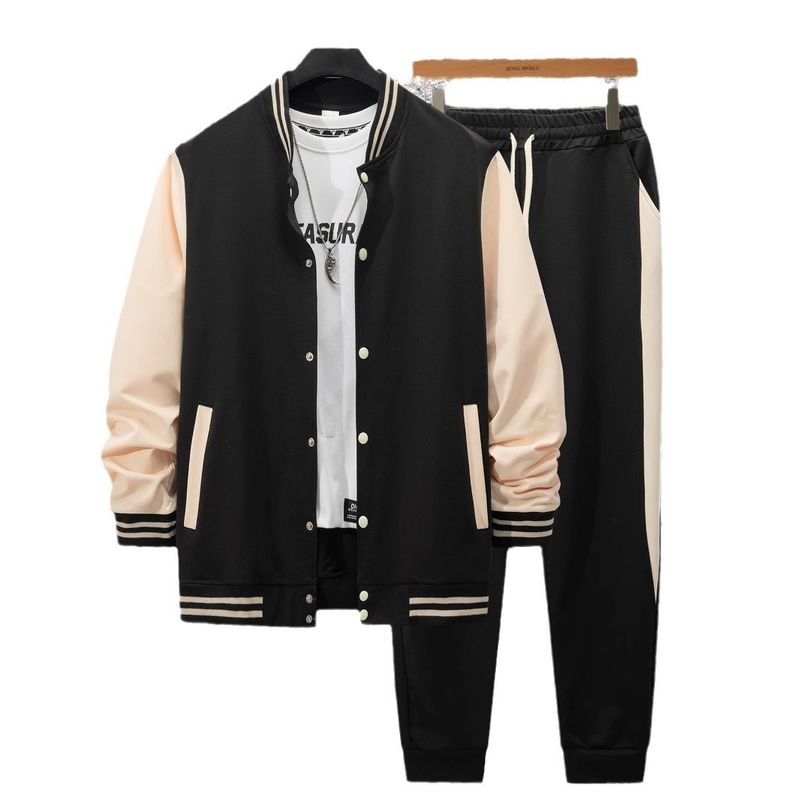 Autumn Winter New Baseball Jacket Casual Versatile Men's Cardigan Coat Color Block Sports Pants Set_voghion.com