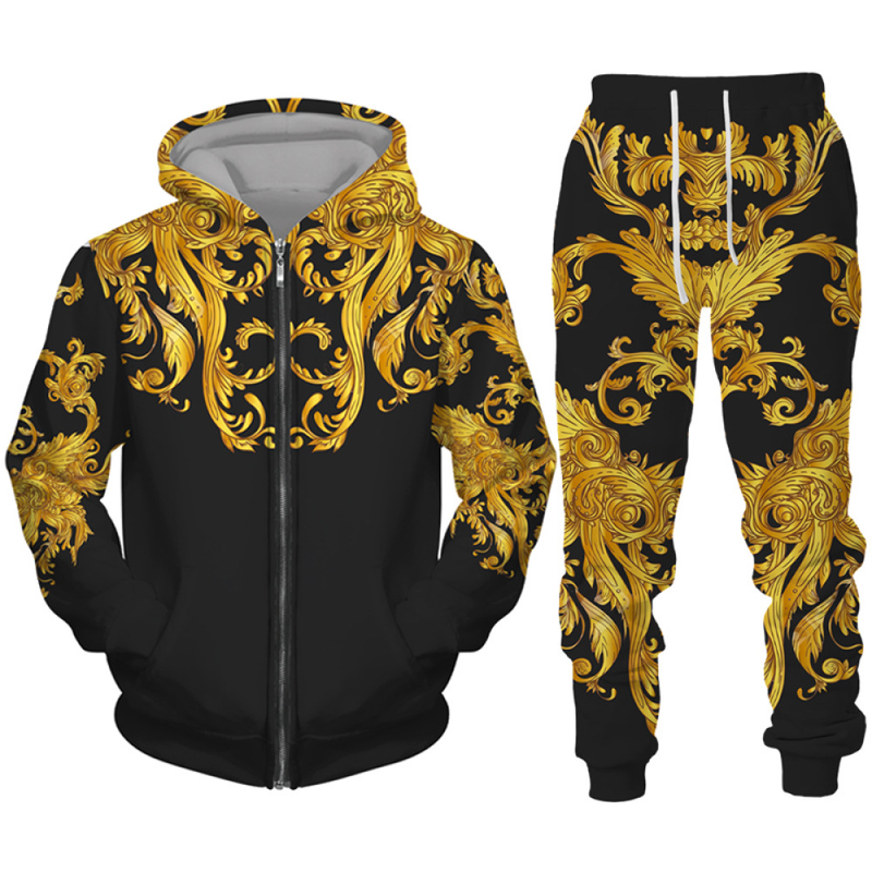 New Luxury 3D Printed Couple Zipper Guards 2-piece Sports Set with Fashionable Gold Flower Pattern_voghion.com