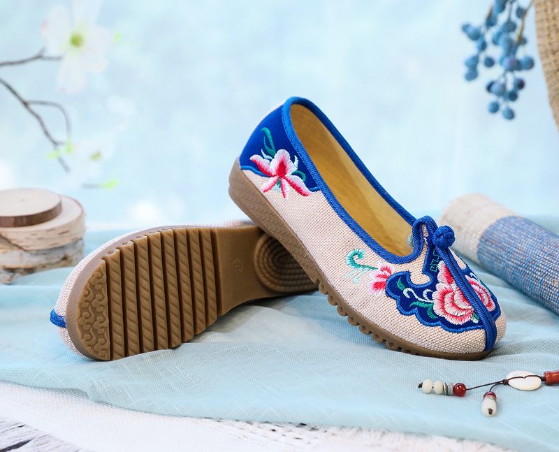 Flache Kuhsehnen-Weichsohlen, bestickte Stoff-Mama-Schuhe, dicke Füße, Damen-Einzelschuhe_voghion.com