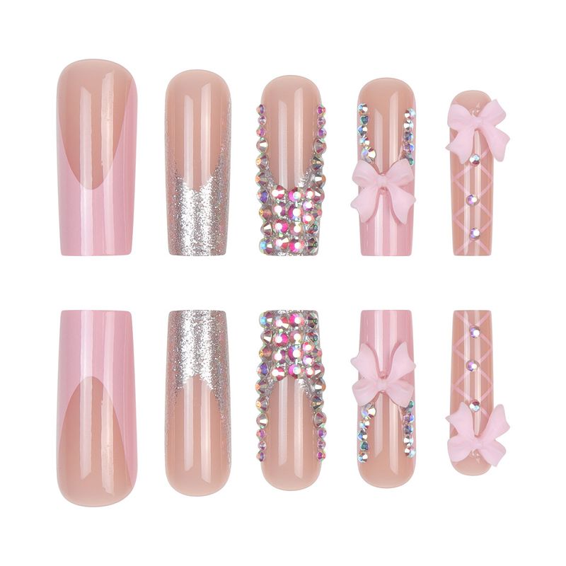 Eleganti unghie lunghe alla francese rosa con fiocco e strass - Unghie finte a pressione per donna, compatibili con colla/gel riutilizzabili, stile dolce e glamour_voghion.com