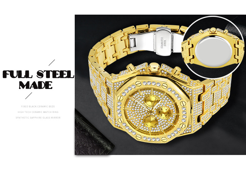 Ceas MISSFOX, ceas de mână pentru bărbați, stil european și american, stil hip-hop, cu diamant complet, cadran octogonal, impermeabil, cu trei ochiuri, en-gros_voghion.com