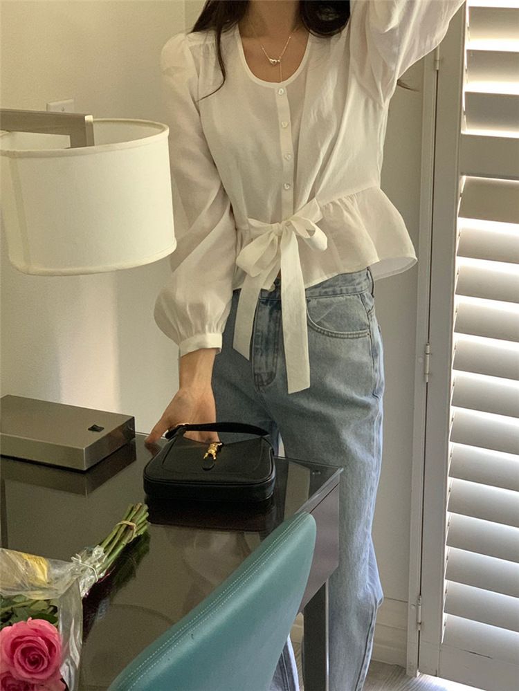 Korean chic 2024 spring/summer new design sense round neck bow tie waist cinching short long sleeved shirt on top_voghion.com