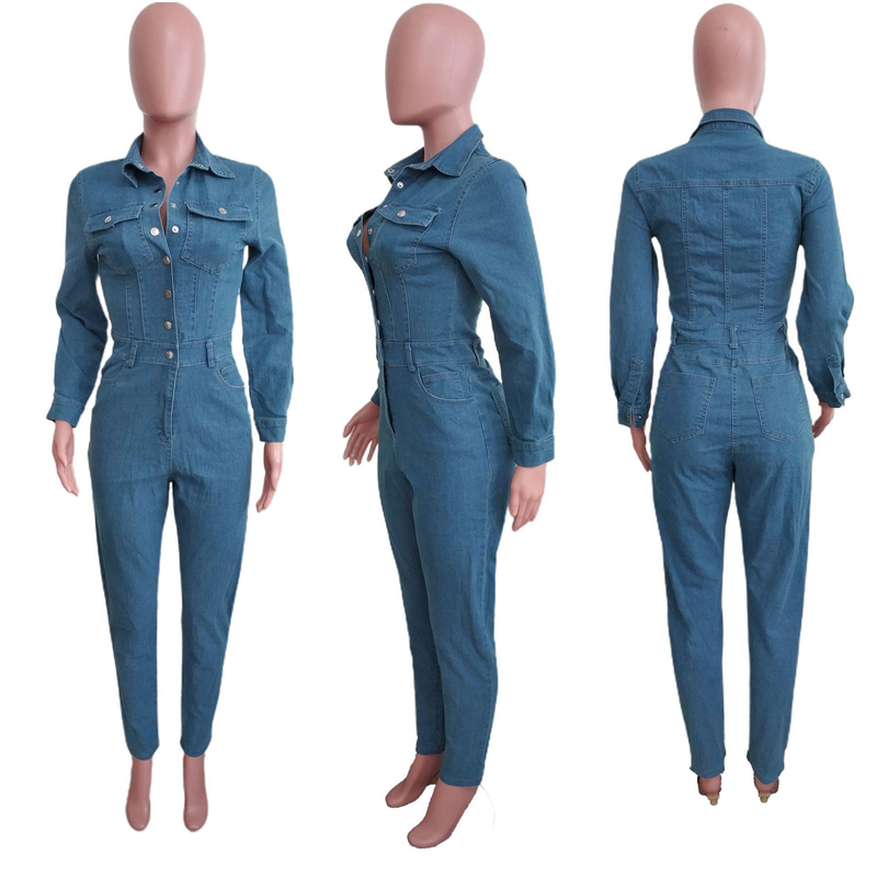 Modischer, schmaler Stretch-Denim-Overall für Damen mit langen Ärmeln und kleiner Fuß-Mund-Waschung_voghion.com
