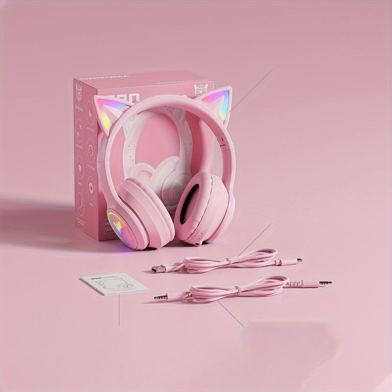 ONIKUMA Cat Ear Headphones: Wireless & Wired Mode, Foldable, RGB LED Light & Mic - Compatible With Mobile Phones & Tablets!_voghion.com