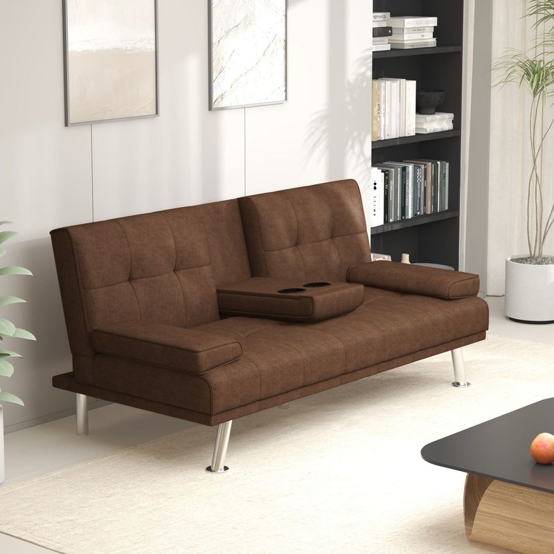 Coffee Micro-suede Technology Cloth 66inch Sleeper Sofa,2-seat Sofa With Cup Holder, Folding Sofa Bed, Accompany Two Head Pillows,_voghion.com