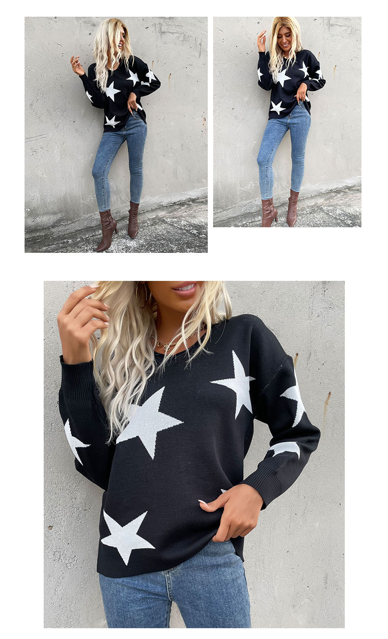 Damenbekleidung unabhängiger Herbst Neuankömmling fünfzackiger Stern Rundhals Langarm-Strickpullover für Damen_voghion.com