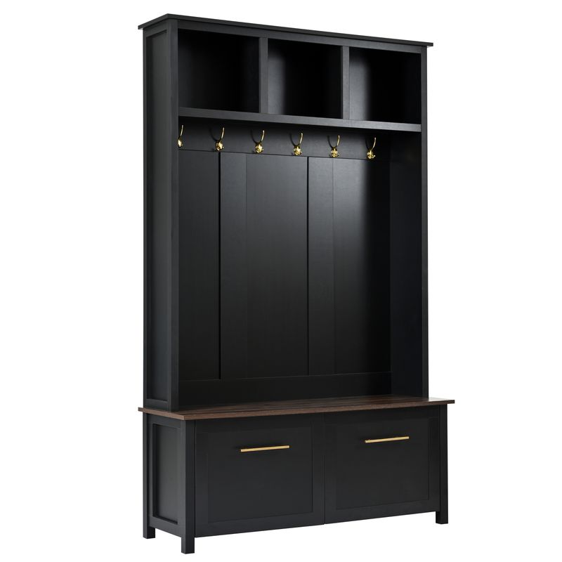ON-TREND Versatile 4-in-1 Hall Tree With 6 Golden Hooks, Wood Grain Bench With Multiple Storage Space, Entryway Coat Rack With 2 Drawers For Living Room, Hallway, Black, 76.6''H (OLD SKU:N721S000034B)_voghion.com