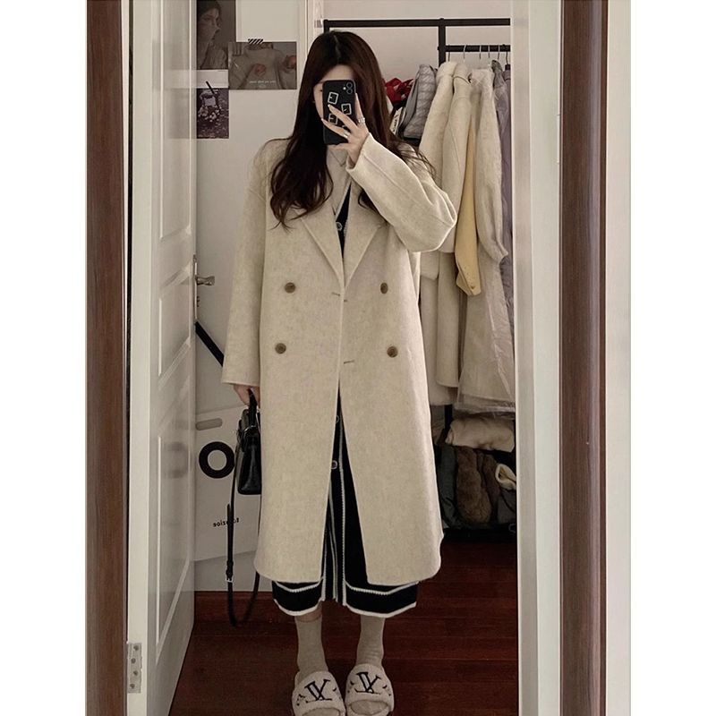Grauer zierlicher Wollmantel im koreanischen Stil für Damen, Herbst und Winter 2024, neues Design, mittellanger, verdickter Mantel_voghion.com