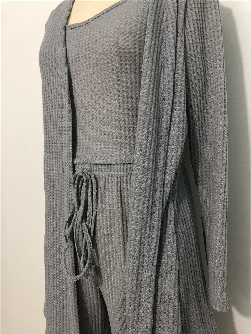 Women's home wear women's Waffle knit halter top trousers robe pajamas three sets_voghion.com