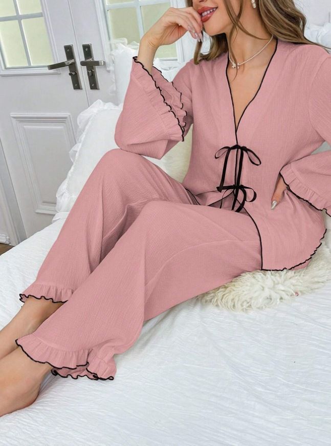 V-neck Lace-up Dense Edge Cardigan Long Sleeve Pants Set Pajamas Loungewear_voghion.com