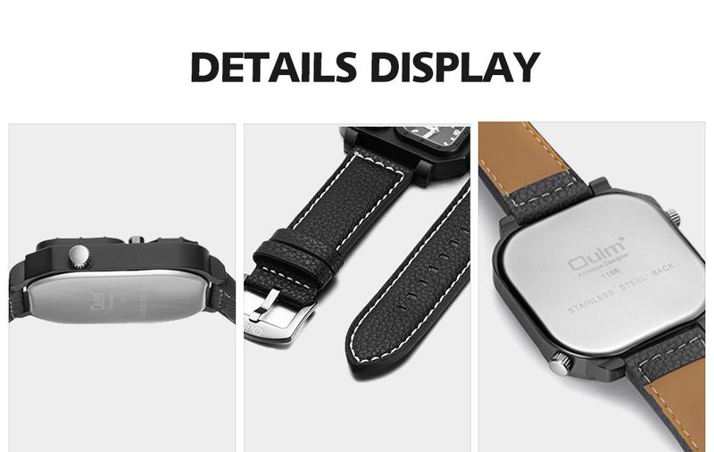 Men's Stylish Quartz Watch With Compass & Dual Time Zone - Large Square Dial Leather Strap Watch - Mineral Crystal Black Dial & Strap_voghion.com