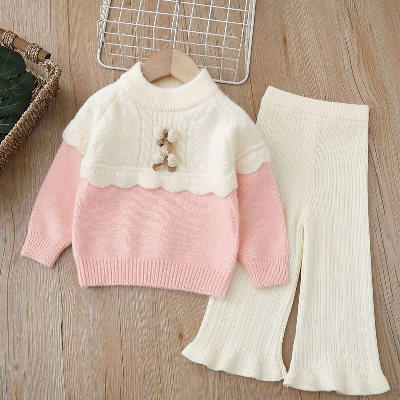 Set da due pezzi con maglione lavorato a maglia per bambine, girocollo, top con motivo floreale fatto a mano, per bambini piccoli e bambine_voghion.com