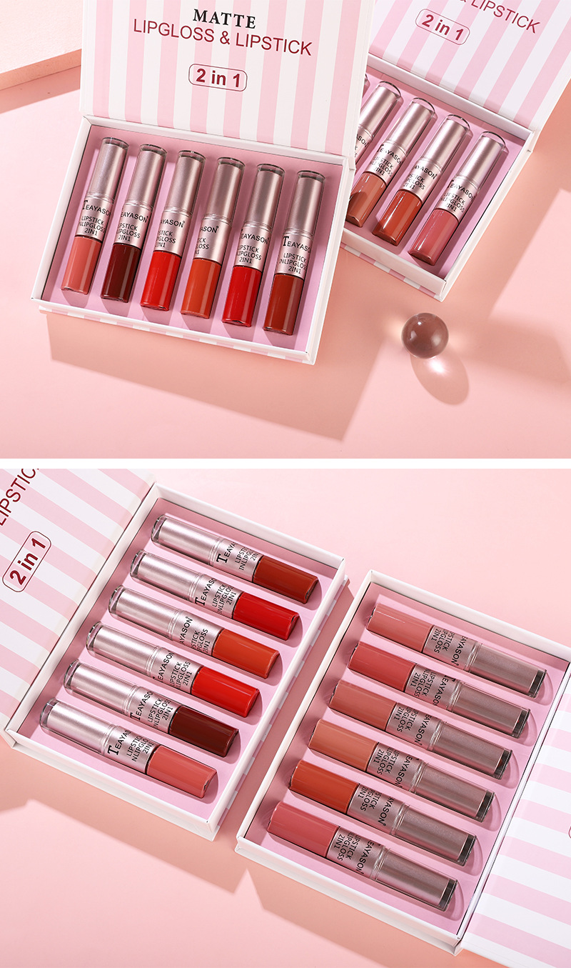 6-Piece Dual-Ended Non-Stick Matte Lip Color Set - Two-in-One Lip Gloss & Lipstick In Nude Mauve Shades, Ideal For Women_voghion.com