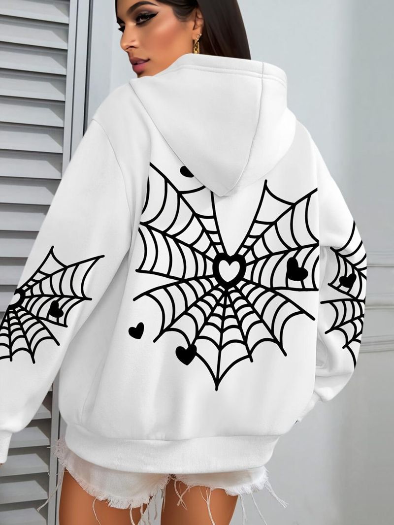 Spider Web Print Kangaroo Pocket Hoodie, Casual Long Sleeve Drawstring Hoodie Spring Autumn Sports_voghion.com